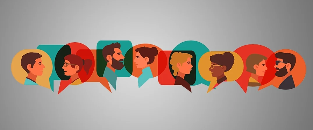 drawing of speech bubbles with people talking