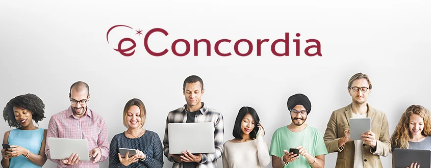 group of people watching digital devices with the logo eConcordia on top