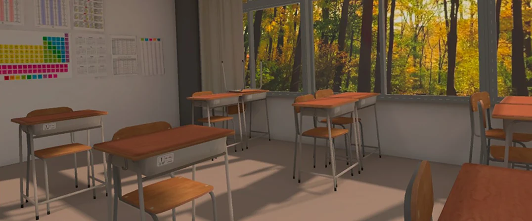 a VR recreated classroom with desks and a window towards a forest